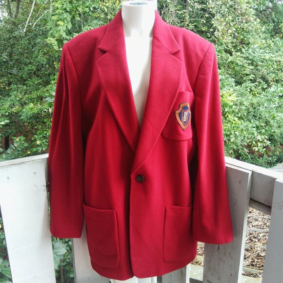 Vintage DKNY Retro Preppy 80s 90s Wool Cashmere Red Jacket Crest Blazer Size 10 - Picture 1 of 10